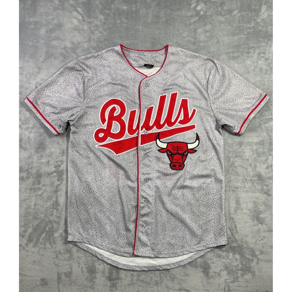 NBA Chicago Bulls Baseball Jersey Mens Large Grey Elephant Print Button Up 66